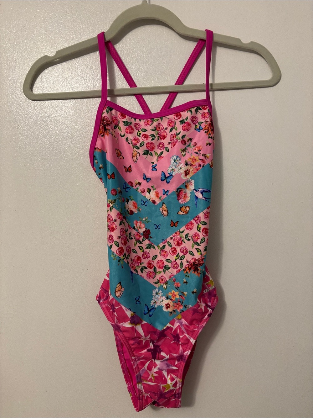 Woman’s Emma Weyant Pink & Teal Floral Chevron One-Piece Swimsuit